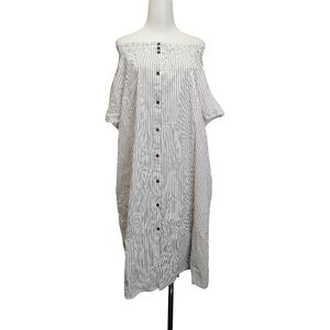 🌿🌿Off-Shoulder Striped Button-Front Dress - White/Grey